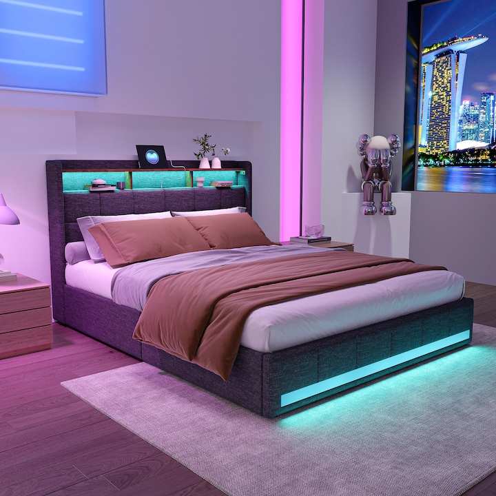 Pat dublu cu spatiu de depozitare, spatar cu incarcare, gri, 140x190cm