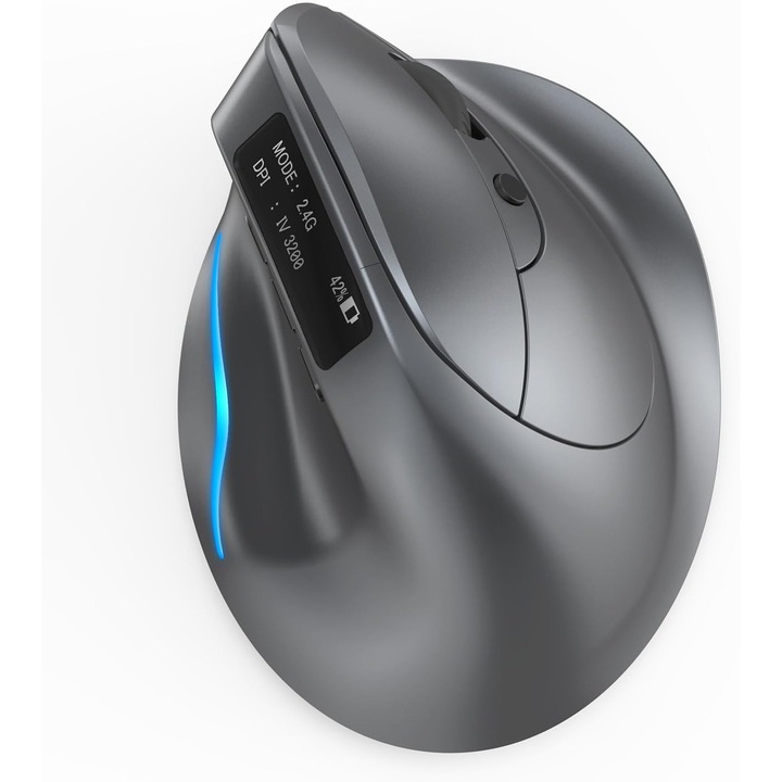 Mouse wireless Bluetooth vertical, 3200 DPI, 2 moduri de conectare, ergonomic, cu acumulator reincarcabil