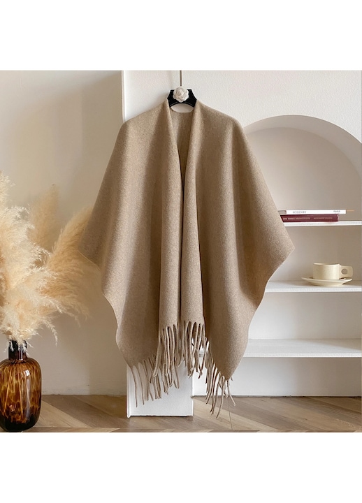 Пончо, Каки, Лек материал, Елегантен дизайн, универсално носене, Един размер INTL