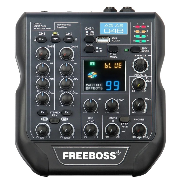 Audio keverő, 99 DSP effekt, Bluetooth csatlakozás, kompakt méretek, EU csatlakozó