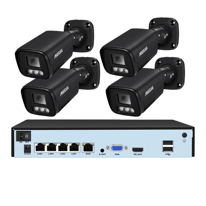 Kit Supraveghere, 8CH NVR cu 4 Camere 8MP, Detectie AI, IP66, Comunicare Audio Bidirectionala, 1T