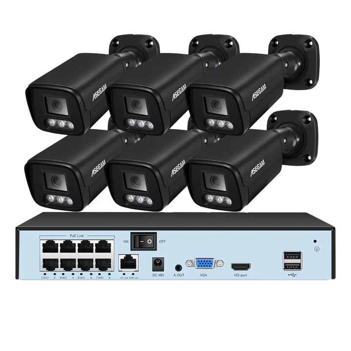 Система за видеонаблюдение, 8MP, интелигентно нощно виждане, комплект 8CH NVR и 6 камери, IP67