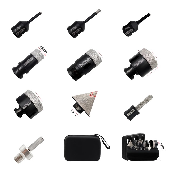 Set de burghie cu diamant, 10 piese, pentru unelte cu filet M14, aplicabil pentru ceramica, marmura si granit