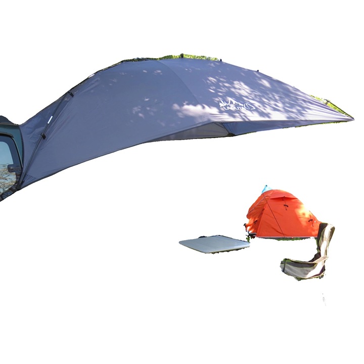 Cort camping, design impermeabil, usor si portabil, gri-albastru, 350x240x105cm, capacitate 4 persoane