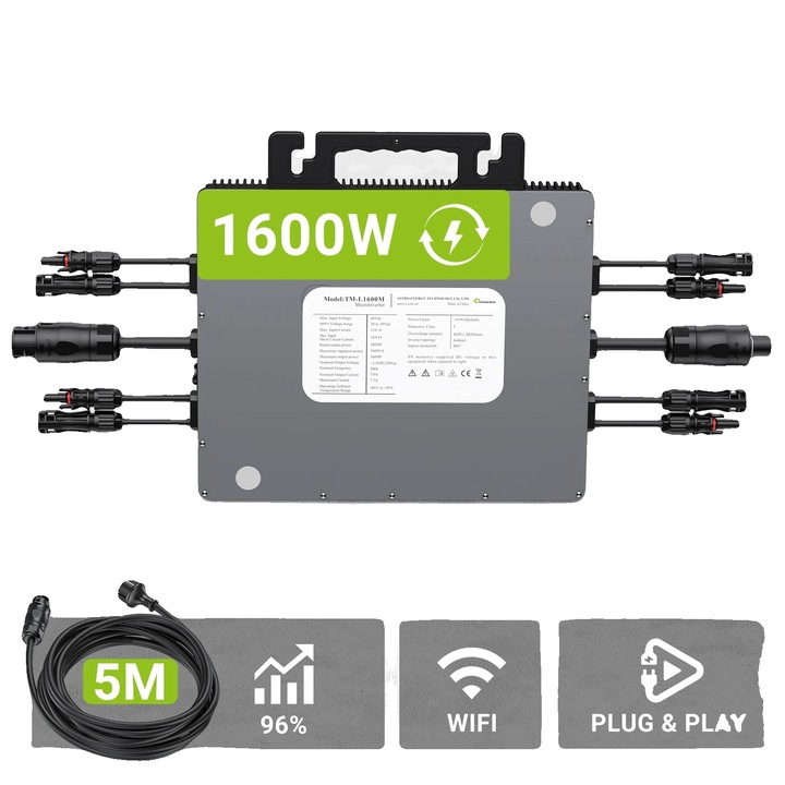 Invertor solar 1600W, monitorizare WiFi, iesire ajustabila, 25V-55V, IP67