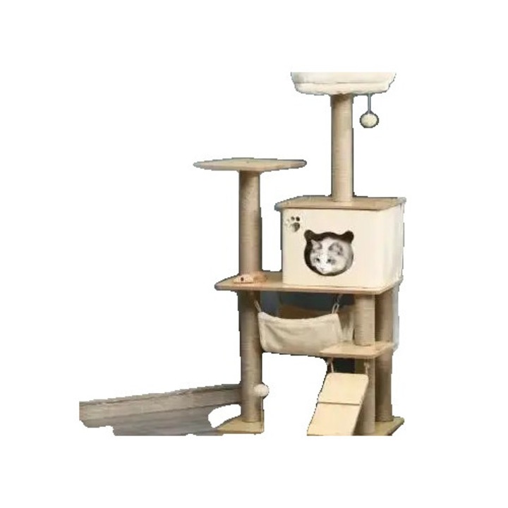 Ansamblu de joaca pentru pisici, 60x40x130cm, jute si plus, trei niveluri, include hamac si scara