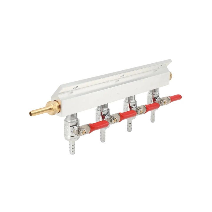 Elosztó gázhoz, 4 utas, visszacsapó szeleppel, alumínium, sárgaréz, rozsdamentes acél