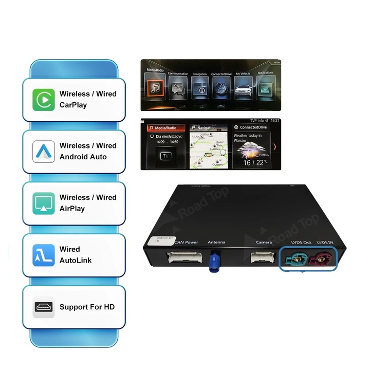 Modul CarPlay si Android Auto, integrare EVO System, dimensiuni 150x100x23mm, ecran tactil, compatibilitate extinsa