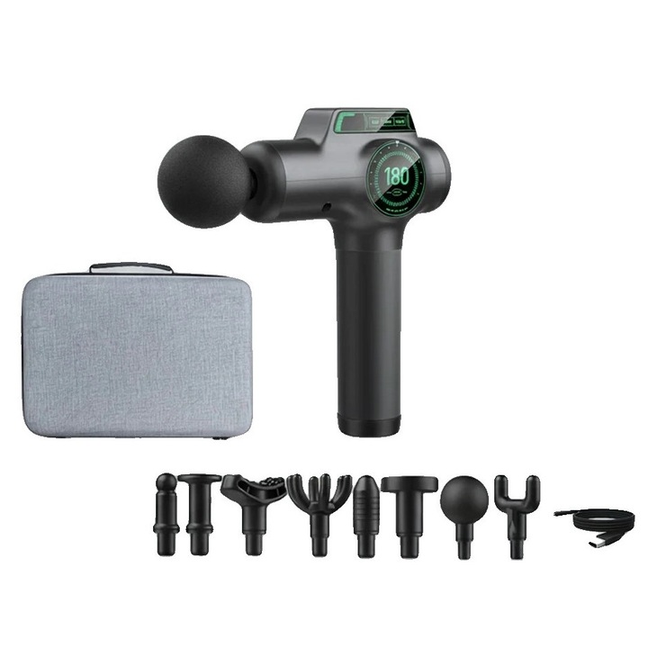 Масажен пистолет, преносим дизайн, сив, зареждане тип C, комплект със сменяеми глави