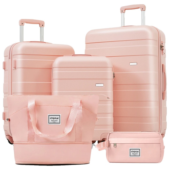 Troler, CQY, carcasa durabila, roti 360 grade, roz, dimensiuni standard