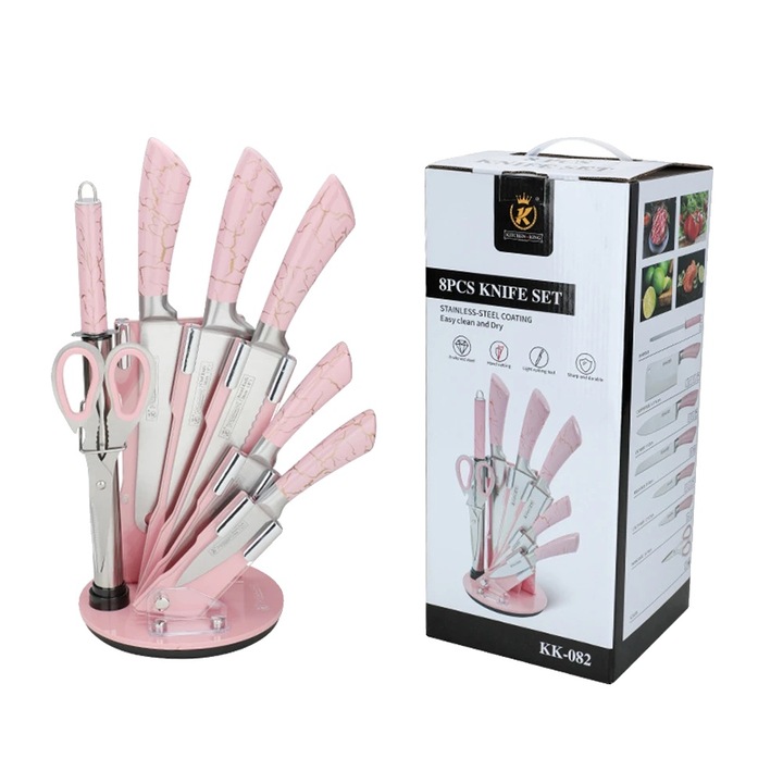 Set de cutite de bucatarie, maner ergonomic, otel inoxidabil durabil, roz, 18x31.5cm