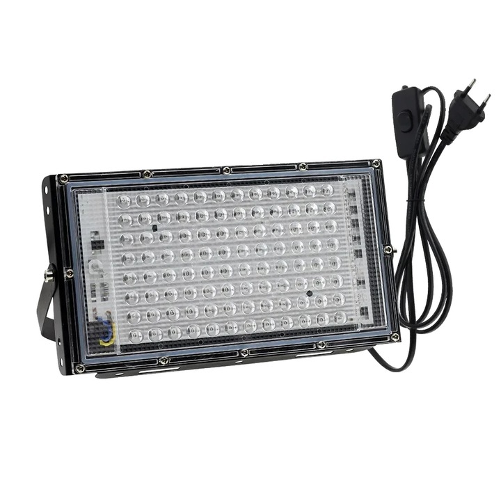 UV прожектор, 100W, 220V, лесен монтаж, размери 20x9,5x0,8см