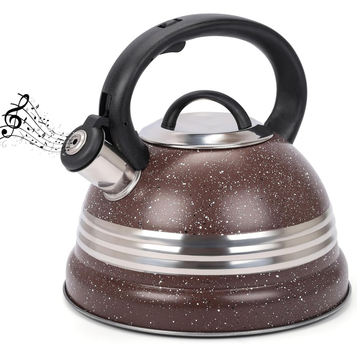 Ceainic fluierator, Belle Vous, din otel inoxidabil, 3 L, maner rezistent la caldura, 22.5 x 22 cm, compatibil cu toate tipurile de plita, Maro/Argintiu