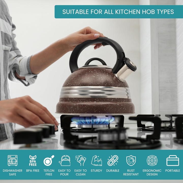 Ceainic fluierator, Belle Vous, din otel inoxidabil, 3 L, maner rezistent la caldura, 22.5 x 22 cm, compatibil cu toate tipurile de plita, Maro/Argintiu