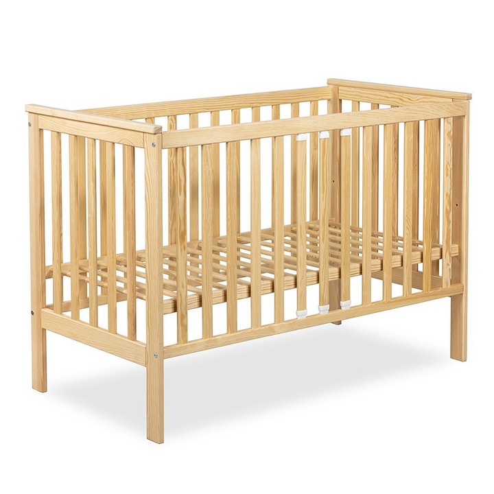 Бебешко легло IWON, 120x60см, със защитна преграда, борова дървесина, 3 нива на матрака