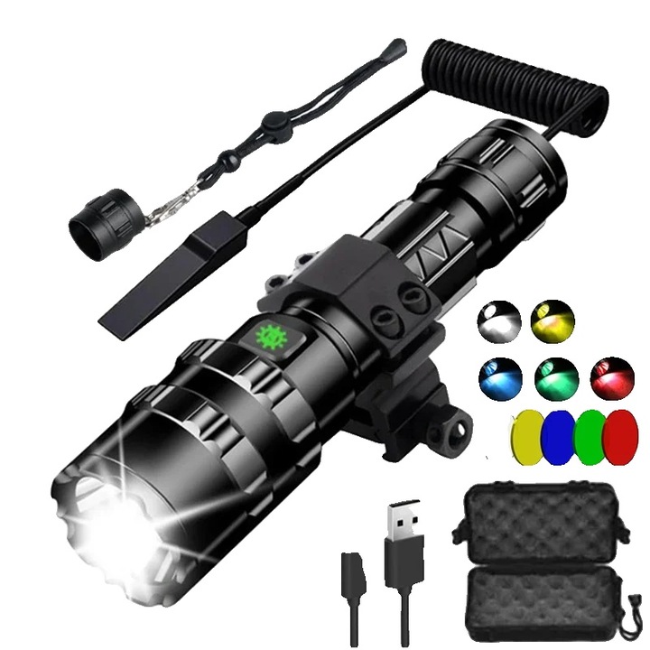 Тактически фенер, USB акумулаторен, водоустойчив, 5 режима, 148x37x26mm, комплект