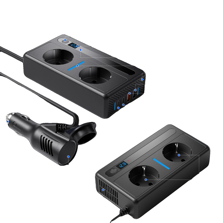 Redresor auto, conversie tensiune, incarcare multi-dispozitive, monitorizare voltaj, 12V, dimensiuni compacte