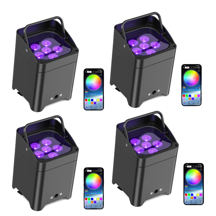 Set 4 Proiectoare cu Control Wireless, LED RGBWA+UV, 80W, 10m, Alb