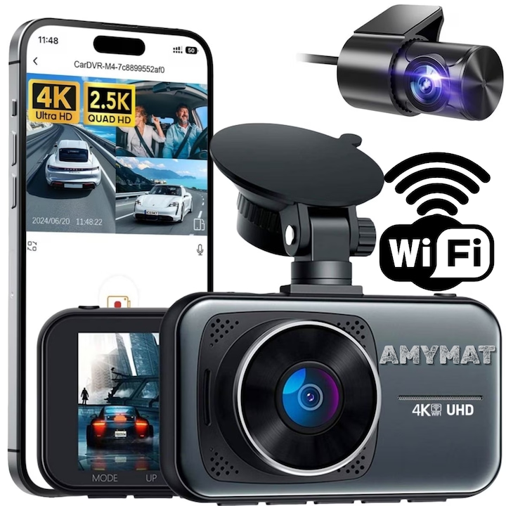 Dash Camera/DVR Wi-Fi AMYMAT 4K, Camera Duala Vedere Nocturna Filmare in bucla Camera Auto Marsarier cu Night Vision, Unghi Larg 140°, G-Sensor, Loop Recording, Monitorizare Parcare, Aplicatie Telefon, Driving Recorder pentru Masina