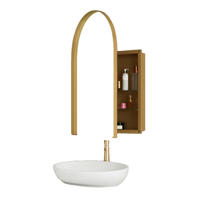 Cabinet cu oglinda, design incastrat, rafturi ajustabile, auriu arcuit, 30x45cm