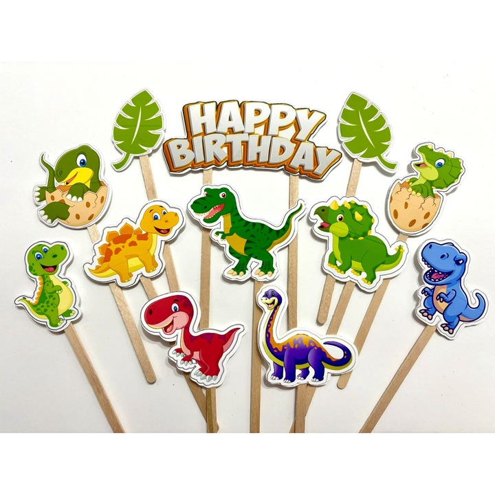 Set toppere tort Dinozauri, DecoParty, 12 figurine, carton, suporti din lemn inclusi