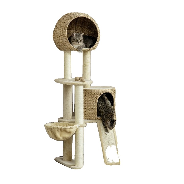 Котешка катерушка, 150 см височина, 3 нива, ратан, меки зони за почивка, дизайн против преобръщане