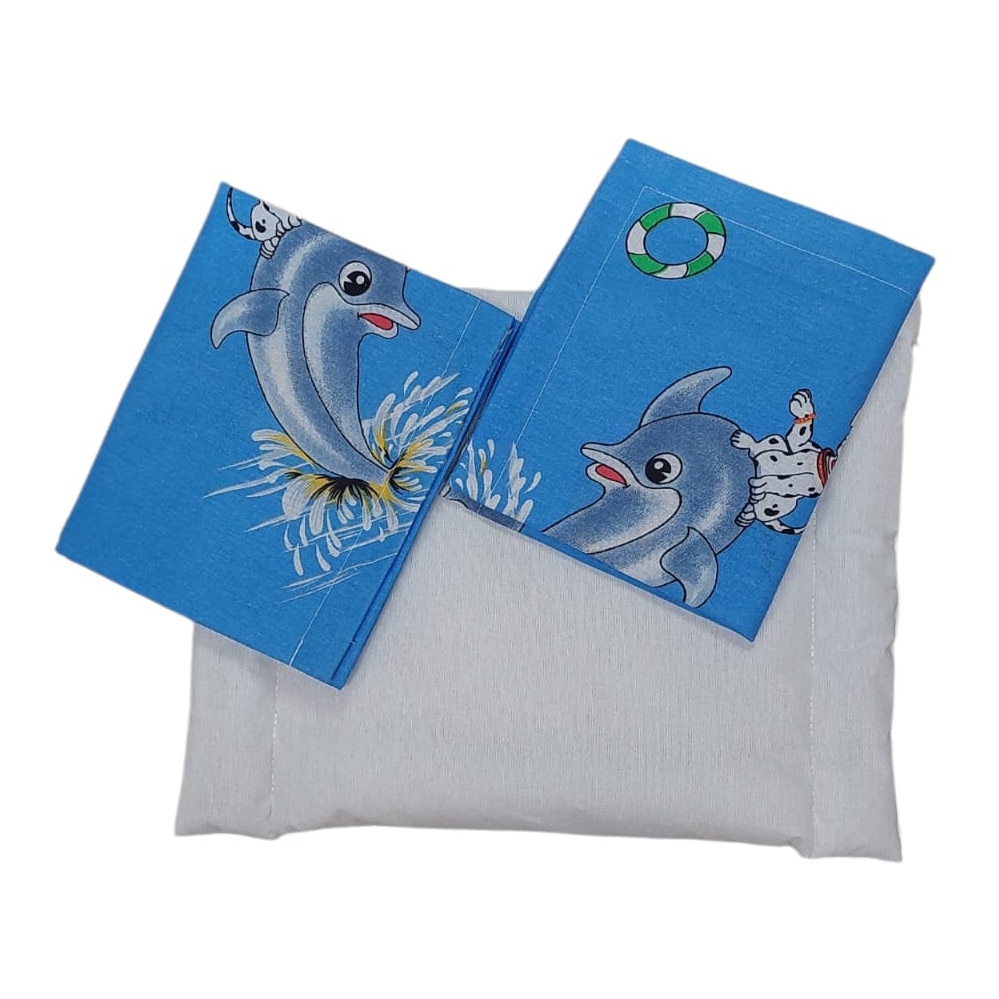 Perne copii - Set Perna plata 30×40x2 cm cu doua huse, M009 Albastru Delfini, inchidere tip plic, pentru patut, carucior si crese, Albatex Home