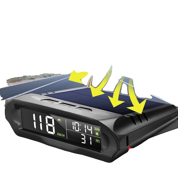 Afisaj GPS Head Up, Solar, Display Date Multi-Functional, Calibrare Viteza si Timp, Compatibilitate Universala, Incarcare USB, Dimensiuni Compakte