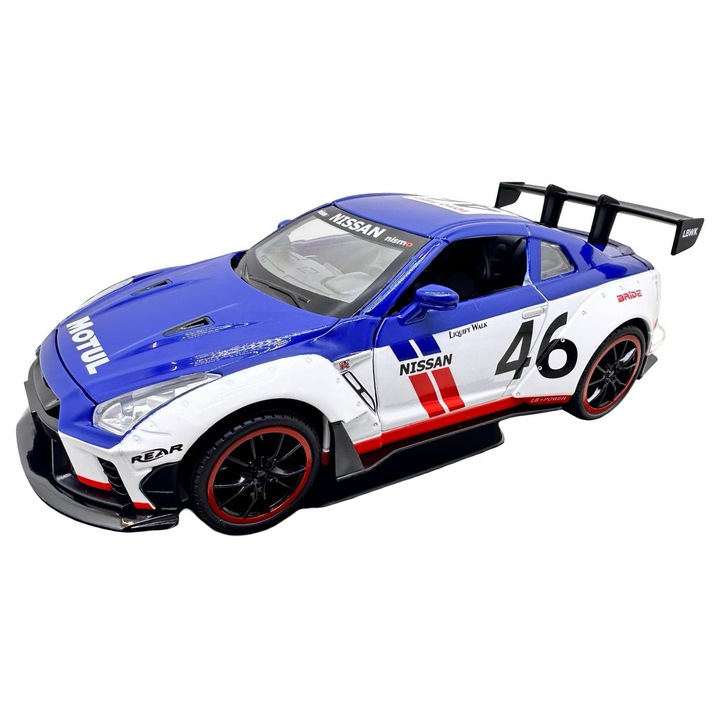 Nissan GT-R Racing modellautó, kék, 1:22 méretarányú fém replika, fényekkel és hangokkal, nyitható ajtók, motorháztető és csomagtartó