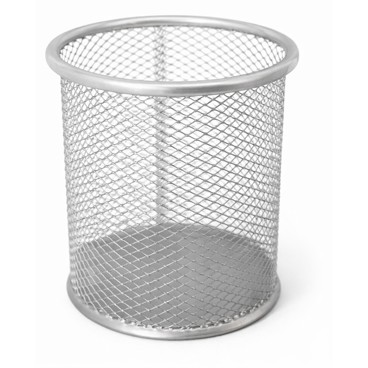 Pahar pentru pixuri metalic, plasa mesh, rotund, gri, 10 cm, suport rezistent pentru creioane, organizator birou, office