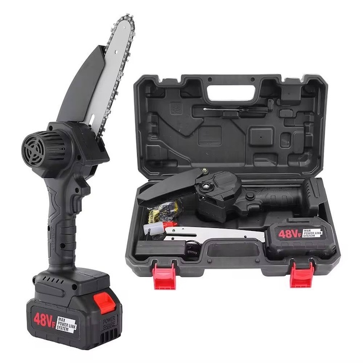 Mini drujba electrica Shoppino PRO 48V, 2 Acumulatori, 2 Lanturi, Sistem 1-Hand, Valiza Transport, Taiere Rapida Lemn & Crengi