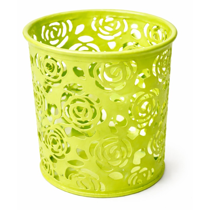 Pahar pentru pixuri metalic ajurat, rotund, suport creioane decorativ, organizator birou, design floral, office, rezistent