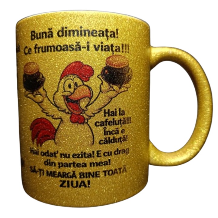 Cana cu sclipici Cafeaua de Dimineata, model triplu amuzant, ceramica, aurie, cadou pentru cei dragi, 350 ml