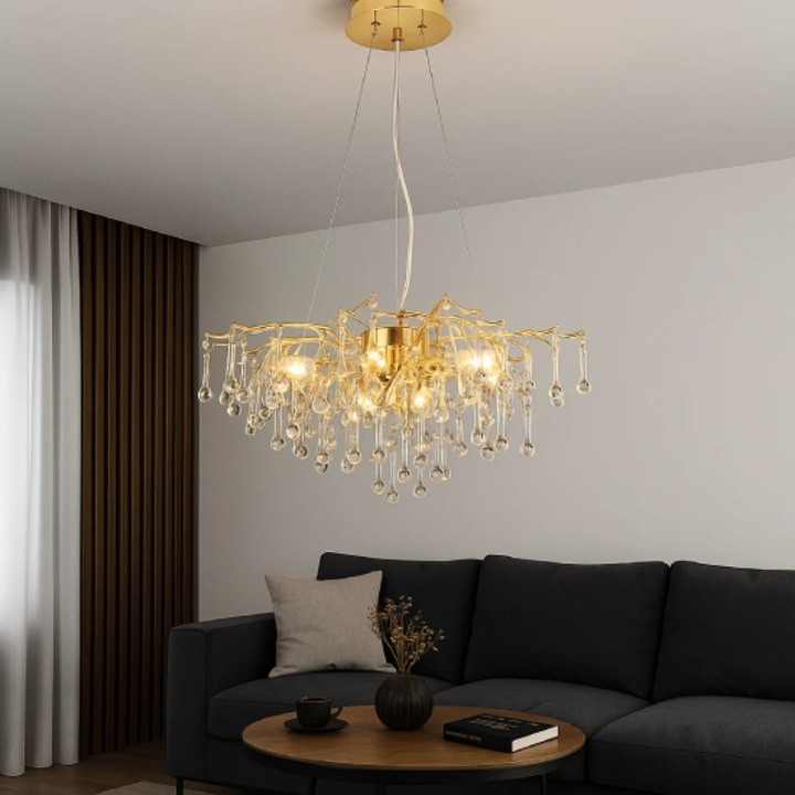 Candelabru Lux cu Cristale K9, Design Auriu antic, 9XE14, 60cm Diametru