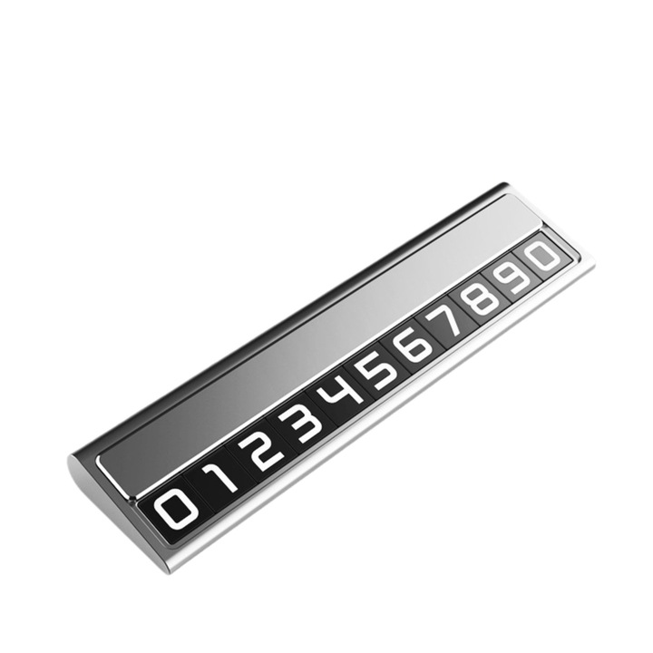 Suport Auto Numar Telefon Parcare, Flippy, Design Metalic cu Capac, Afisaj Ascuns Rabatabil, Cifre Magnetice Fluorescente, 11.8 x 3 x 1 cm, Argintiu