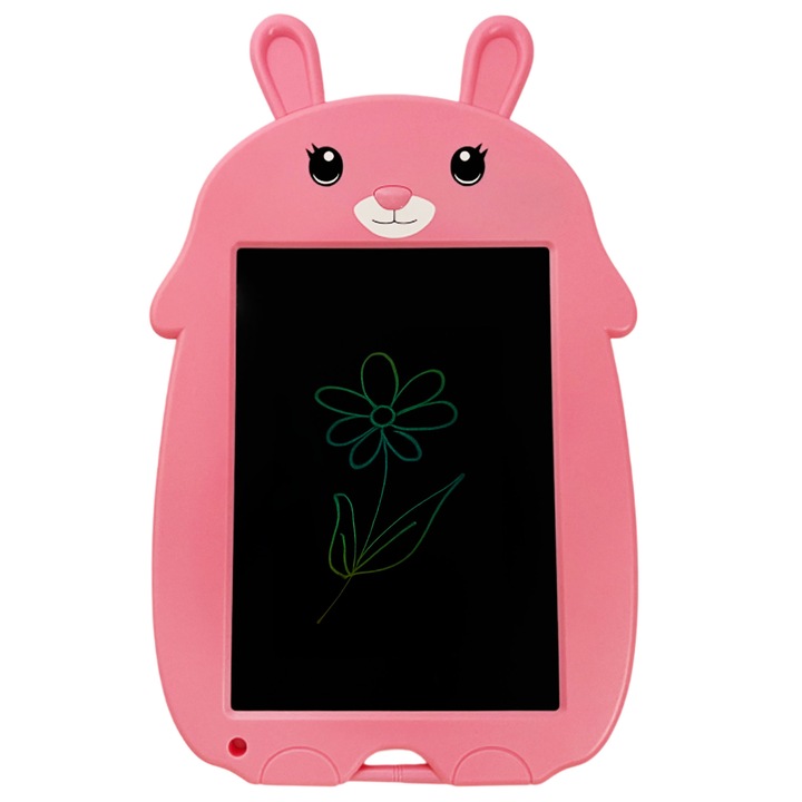 Tableta Digitala de Scris si Desenat, pentru Copii, Ecran LCD, 9 Inch, Stylus inclus, Buton functie stergere, Buton on/off, Baterie inclusa, Iepuras, Roz