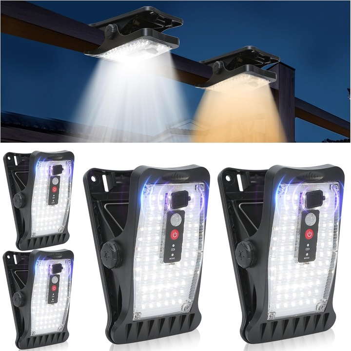 Lampi solare clip-on, set 4 bucati, 70 LED, 3 culori, telecomanda, USB, IP64, 1.5x2.5m