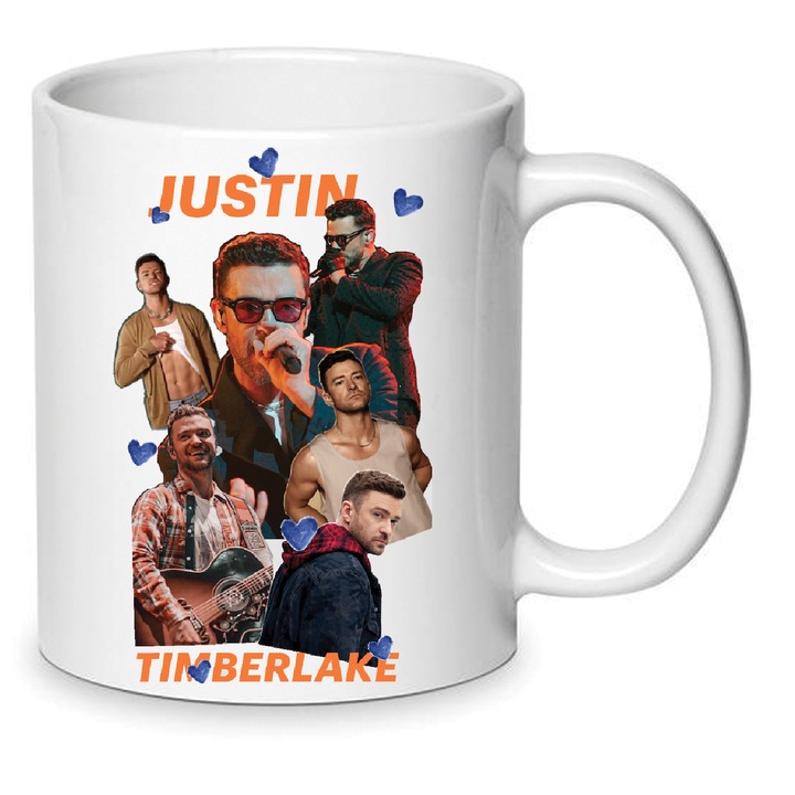 Cana ceramica Justin Timberlake No.6, 330ml, alba, design exclusiv, rezistenta la masina de spalat