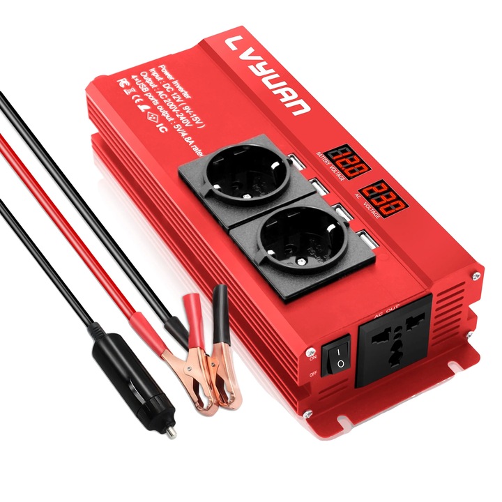 Inverter auto 1300W putere continua, 2600W putere de varf, 12V-220V, rosu