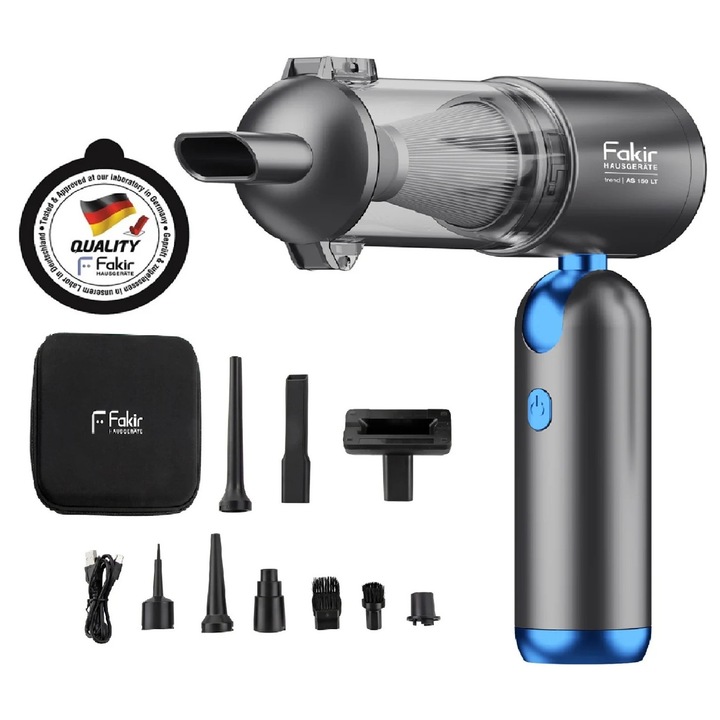 Aspirator de mana 4in1 fara fir Fakir AS 150 LT, 17000 Pa, 120W motor BLDC, 11.1V, 35 min, aspirare, suflare, umflare, EPA12, Antracit/Albastru