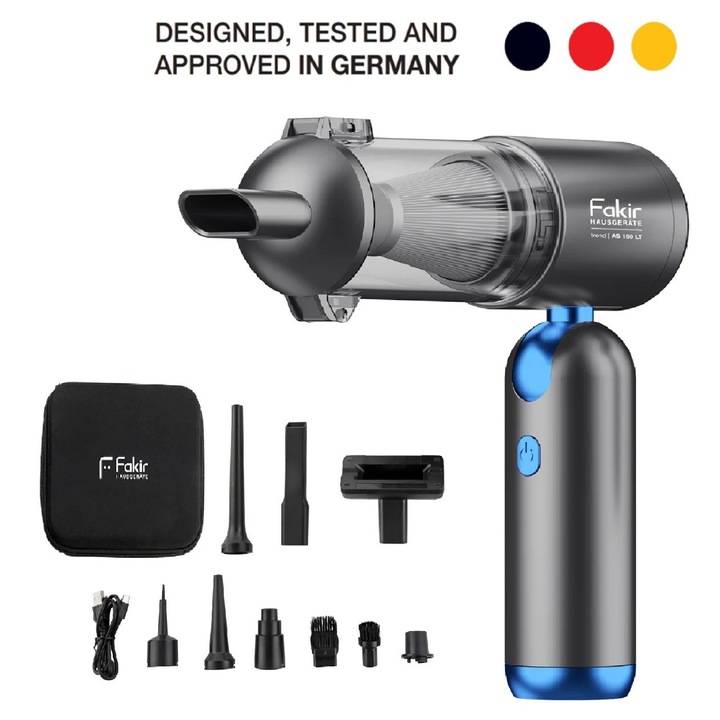 Aspirator de mana 4in1 fara fir Fakir AS 150 LT, 17000 Pa, 120W motor BLDC, 11.1V, 35 min, aspirare, suflare, umflare, EPA12, Antracit/Albastru