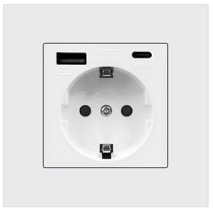Priza schuko simpla cu USB si TypeC 5V 2.1A, incastrata, protectie copii, 16A, alba