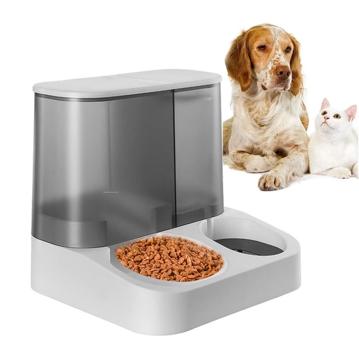 Dispenser Automat Hrana si Apa pentru Caini si Pisici, Rezervor Apa 1L, Capacitate Hrana 2.8L, Compartimente Separate, Sistem Gravitational, Material ABS Non-Toxic, Alb-Negru, HAPPY JOKER®