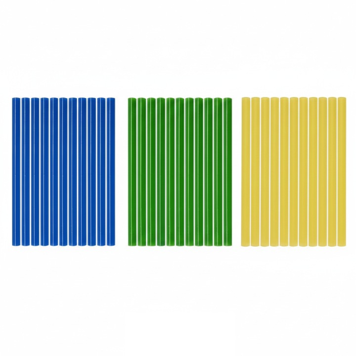 3 seturi de 12 batoane silicon pentru pistol de lipit Yato, 7.2x100 mm, albastru, galben, verde
