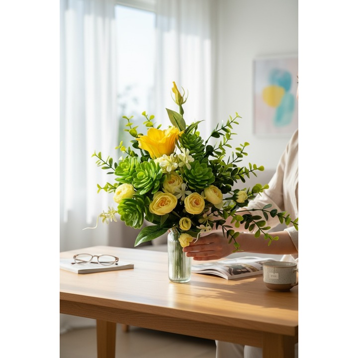 Buchet suculente si ranunculus, Dady, cu flori artificiale galbene, decor de primavara, inaltime 30 cm