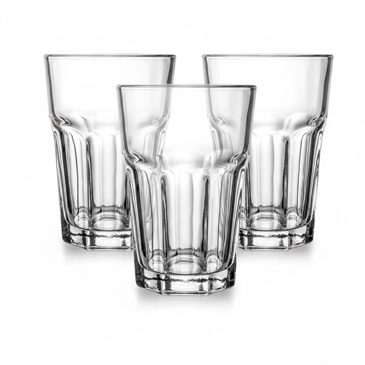 Set 3 Pahare din Sticla Transparenta 360ml MADGENIX, Model Fatetat, Pahare Premium pentru Apa Racoritoare si Cocktail, Stil Clasic