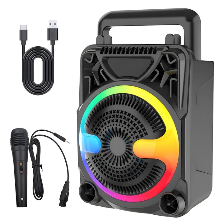 Преносима караоке колона MADGENIX, мини Bluetooth 5.0 колона с 1 включен микрофон, RGB LED светлини, TWS функция, FM радио, слот за TF карта и USB