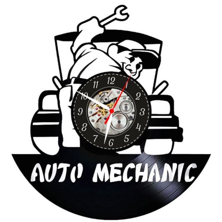 Dekoratív falióra - Autószerelő Szakember - Műhely Művészet - bakelitlemezből (Vinyl Record) készült, Csontváz mechanizmus, Fekete