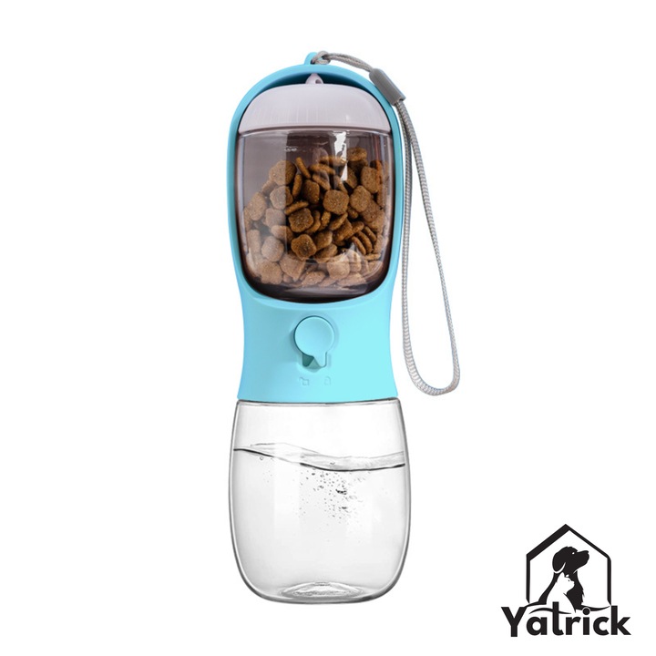 Sticla portabila 2-in-1 pentru apa si hrana animale, 330 ml, cu compartiment pentru recompense, buton ON/OFF, fara scurgeri, ideala pentru plimbari, calatorii si drumetii - Yatrick, culoare: albastru