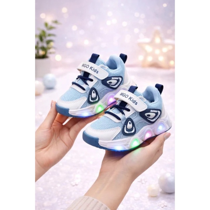 Pantofi sport cu luminite SuperBaby, Model AL 22617 Panda new Style, Textil, Baieti, Albastru, Albastru